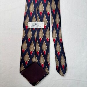 Givenchy Monsieur Vtg Mens Silk Necktie Navy Blue Red Tan Geometric Pattern READ